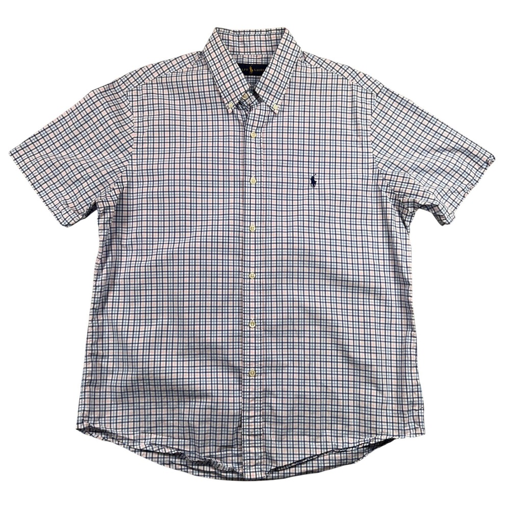 Ralph Lauren Tattersall Check Button Down Shirt Men Large Short Sleeve Blue Pink